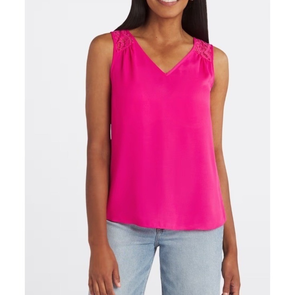 Fortune + Ivy Womens Pink Lace‎ Strappy Back V-Neck Blouse Tank Top Medium NEW